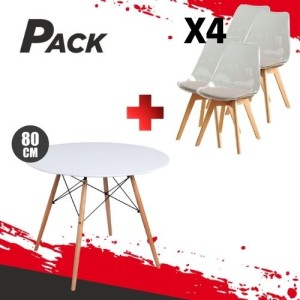 MESA REDONDA DESIGN D500 80CM BLANCA + 4 SILLAS DESIGN D1000 TRANSPARENTES
