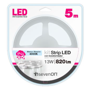KIT TIRA LED 5 METROS BLANCA 4000K IP44 CON TRANSFORMADOR RECORTABLE Y ENLA