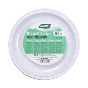 SET 100 PLATOS REDONDOS REUTILIZABLES BLANCOS 25CM ALGON