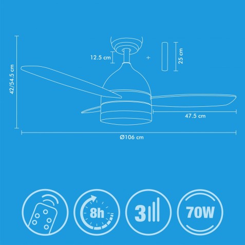 VENTILADOR DE TECHO 70W CON LUZ TRES...