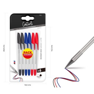 PACK 6 BOLIGRAFOS BASIC 1MM AZUL, ROJO Y NEGRO CASTERLI
