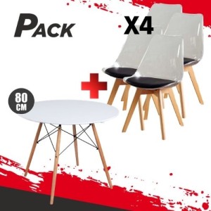 MESA REDONDA DESIGN D500 80CM BLANCA + 4 SILLAS DESIGN D1000 TRANS+NEGRO