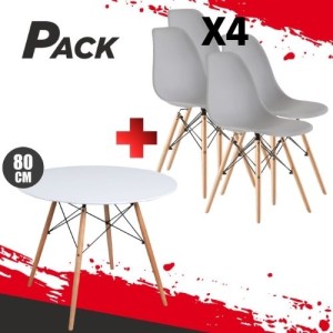 MESA REDONDA DESIGN D500 80CM BLANCA + 4 SILLAS DESIGN D100 GRISES MUVIP