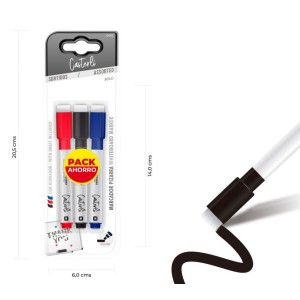 PACK 3 MARCADORES DE PIZARRA CON BORRADOR NEGRO, AZUL Y ROJO CASTERLI